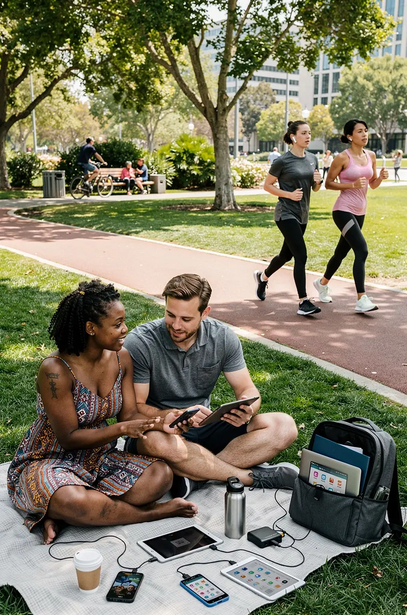 City dweller practicing healthy digital habits.